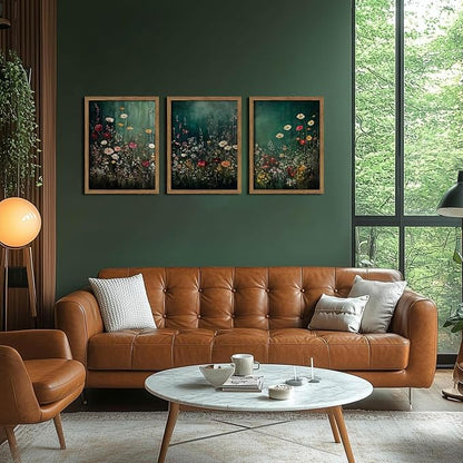Vintage Wildflower Wall Art Set of 3, Moody Dark Green Flower Botanical Wall Decor Paintings,Nature Floral Farmhouse Landscape Posters Prints Pictures for Living Room Bedroom 12x16 Inch Wood Framed