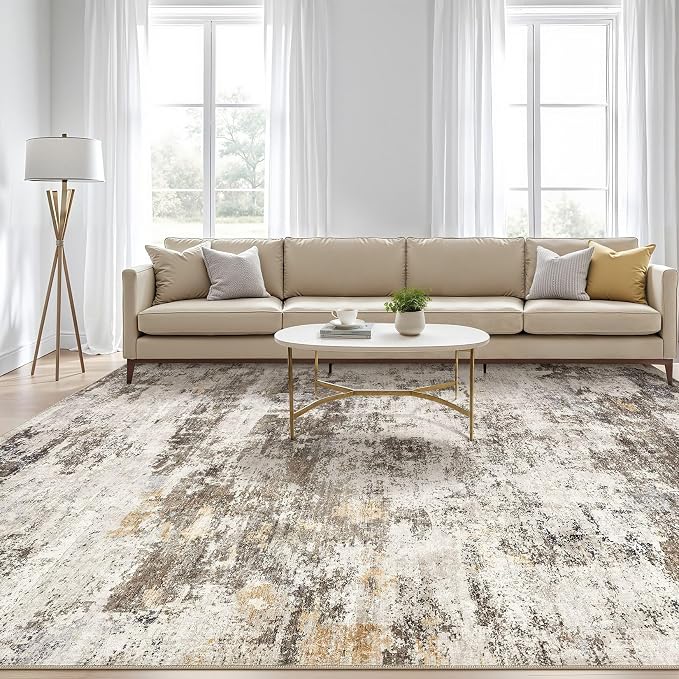9x12 Area Rug Living Room: Washable Large Abstract Neutral Modern Soft Rugs Stain Resistant Indoor Floor Non-Slip Accent Carpet for Bedroom Nursery Playroom Dining Room Office Dorm Home- Brown Yellow