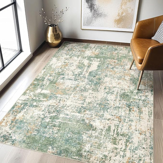 3x5 Rug for Living Room: Washable Large Abstract Soft Green Rugs Stain Resistant Indoor Floor Non-Slip Accent Carpet for Men Modern Home Enthusiasts Aged 25-45 - Bedroom Office Playroom