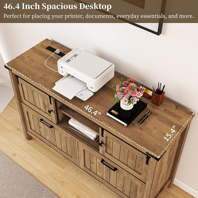 2 Drawer Lateral File Cabinet with Outlets & Charging Station for Files Letter/FC/A4, Farmhouse Filing Cabinets for Home Office Storage, Wooden Print Stand, 46.4" Wide, Rustic Brown
