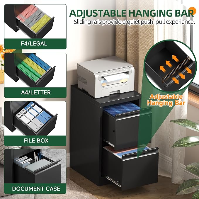 2 Drawer File Cabinet with Lock, Filing Cabinets for Home Office | Small File Cabinet Under Desk, Lockable File Cabinet, Metal File Cabinet for Letter/Legal/A4/F4 Size, Assemble Required