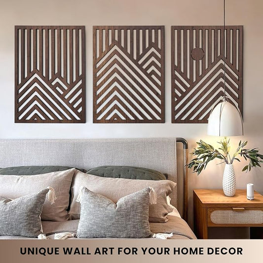 qmmp Modern Wooden Wall Sculptures - Set of 3 - Home Decor Accent - Large Wall Art for Living Room, Bedroom, Office - Easy Installation (Walnut, Large - Mountain and Sun, Unframed)