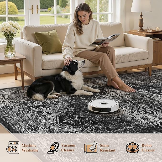 UERMEI 8x10 Area Rug Living Room Rugs - Washable Vintage Soft Large Rug Indoor Floor No Slip Rug Carpet for Bedroom Farmhouse Under Dining Table Home Office Decor - Black