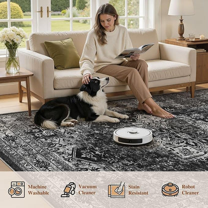 UERMEI 8x10 Area Rug Living Room Rugs - Washable Vintage Soft Large Rug Indoor Floor No Slip Rug Carpet for Bedroom Farmhouse Under Dining Table Home Office Decor - Black