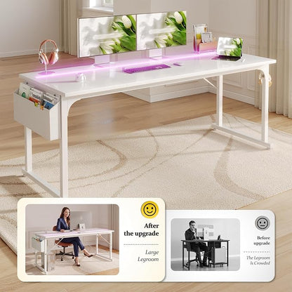 DurayLoly 63" Office Desk with LED Lights,Computer White Desk with Storage Bag&Headphone Hook,Spacious Under-Desktop for Study Writing Work Gaming Desk,Sturdy Metal Frame,Bedroom,Rustic Brown