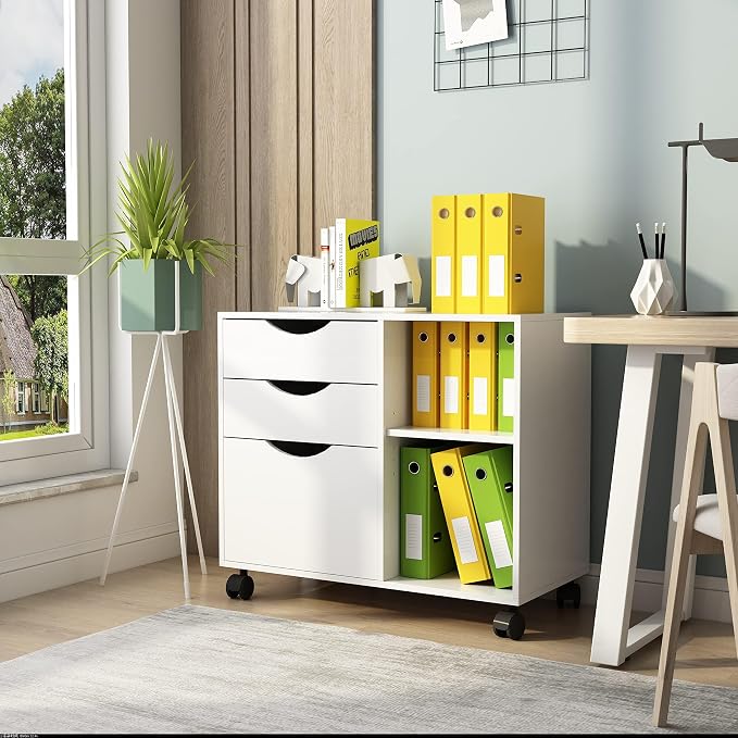 QDSSDECO 3-Drawer with Shelf Wood File Cabinet Mobile Lateral Filing Cabinet, with Rolling Wheel Printer Stand and Open Adjustable Storage Shelves, for Home Office, White