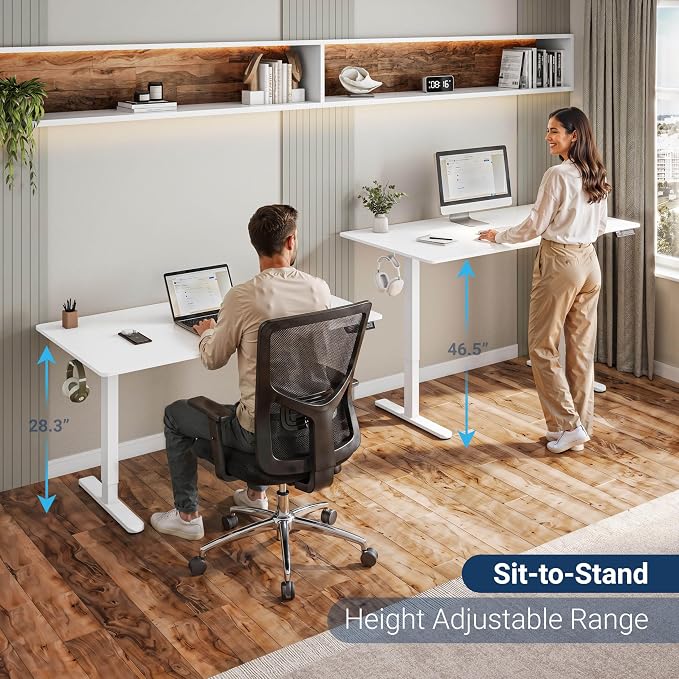 Techni Mobili 48” W Electric Standing Desk, Height Adjustable Sit-to-Stand Desk with 3 Memory Presets and Dual Accessory Hooks, Computer Workstation for Home or Office (White)