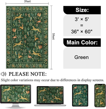 DUKINO 3x5 Rug, Washable Animal Area Rug with Non Slip Vintage Design, Indoor Soft Low Pile Carpet for Bedroom, Nursery, Dining Room, Farmhouse, Playroom, Green