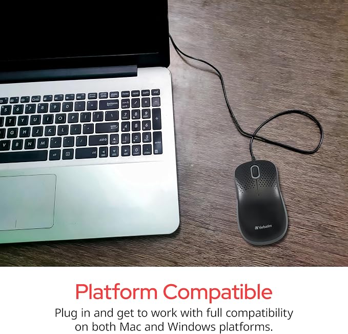 Verbatim USB Silent Corded Optical Mouse - Computer Wired Noiseless and Silent Click Mouse for Mac and PC - Black