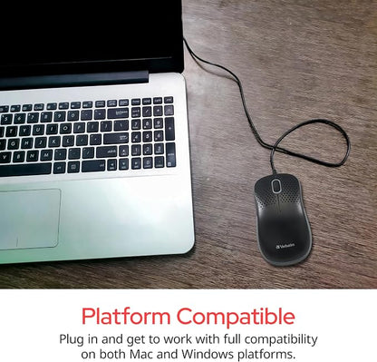 Verbatim USB Silent Corded Optical Mouse - Computer Wired Noiseless and Silent Click Mouse for Mac and PC - Black