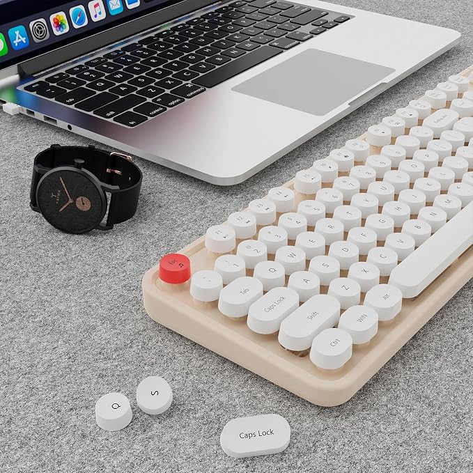 Wireless Keyboard and Mouse Combo, Ergonomic Full Size Typewriter Retro Round Keycaps Keyboard, Compatible with Windows, PC, Perfer for Home and Office Keyboards (Beige