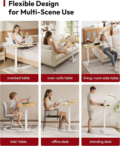 SANODESK Small Rolling Overbed Table Adjustable Height with Wheels, Mobile Laptop Desk with Tilting Desktop, Portable Computer Workstation for Home Office, Classroom, Bedside, Maple