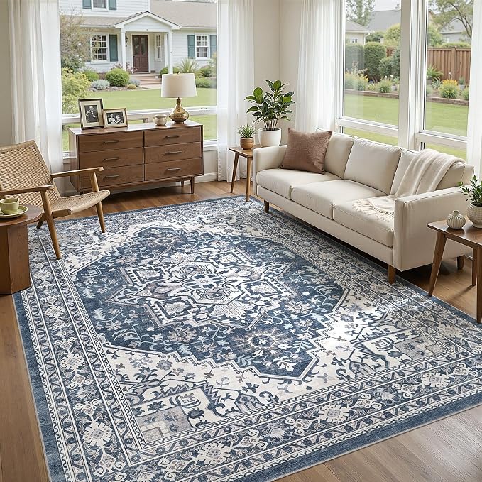 UERMEI 10x14 Area Rug for Living Room - Washable Vintage Carpet, Non-Slip Soft Large Indoor Floor Rugs for Bedroom Home Office & Under Dining Table Decor, Denim Blue/White