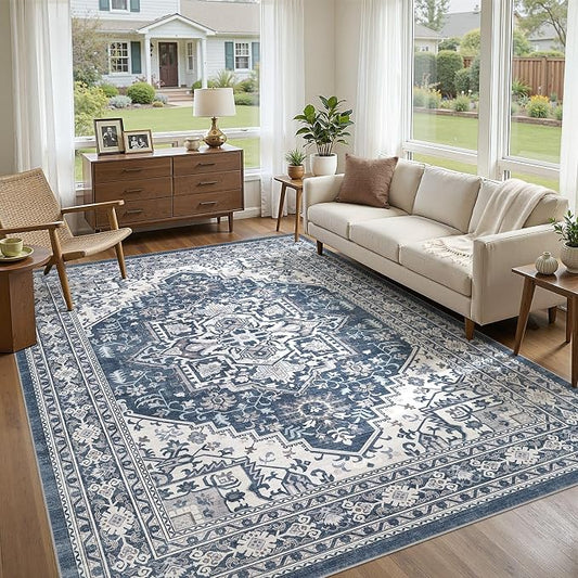 UERMEI 10x14 Area Rug for Living Room - Washable Vintage Carpet, Non-Slip Soft Large Indoor Floor Rugs for Bedroom Home Office & Under Dining Table Decor, Denim Blue/White