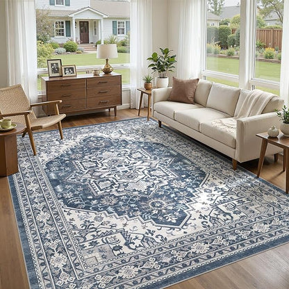 UERMEI 9x12 Area Rug for Living Room - Washable Vintage Carpet, Non-Slip Soft Large Indoor Floor Rugs for Bedroom Home Office & Under Dining Table Decor, Denim Blue/White