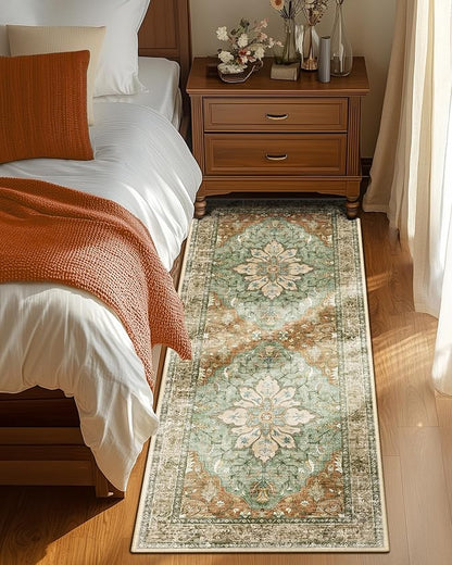RELEANY Area Rugs Runner 2'x5' Washable Non-Slip, Floral Vintage Distress Medallion Carpet for Kitchen Hallway Bedroom Beside Laundry Room Bathroom, Terracotta Burnt Orange Green