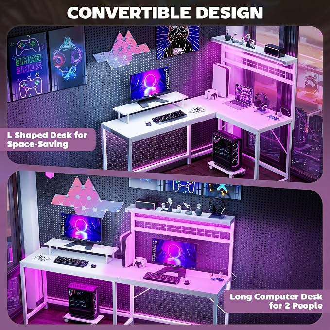 HOMCOM Gaming Desk, 62" L Shaped Desk with Power Outlets & LED Lights, 86" 2 Person Computer Table with Shelf & Rolling CPU Stand, Reversible Corner Office Table with Hutch, White