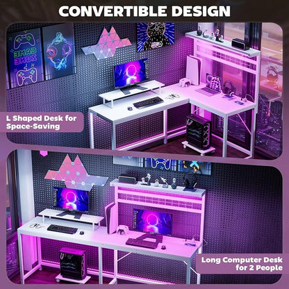 HOMCOM Gaming Desk, 62" L Shaped Desk with Power Outlets & LED Lights, 86" 2 Person Computer Table with Shelf & Rolling CPU Stand, Reversible Corner Office Table with Hutch, White