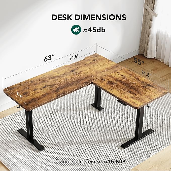 Cubiker L Shaped Standing Desk, 63" Electric Height Adjustable Corner Standing Desk L Shape, Sit Stand Home Office Desk with Splice Board, Rustic Brown Top
