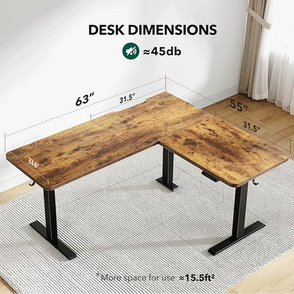 Cubiker L Shaped Standing Desk, 63" Electric Height Adjustable Corner Standing Desk L Shape, Sit Stand Home Office Desk with Splice Board, Rustic Brown Top