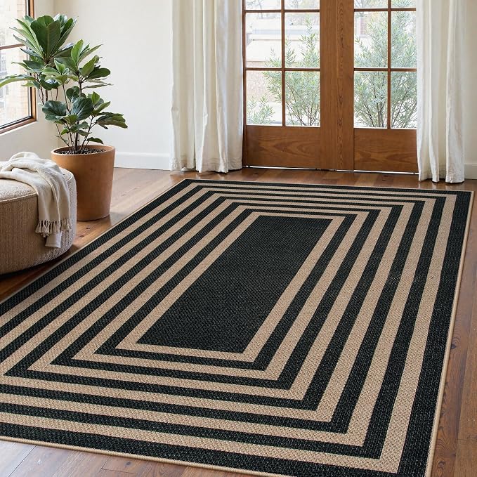 Lahome Enfys Modern Geometric Easy Jute Outdoor Rug, 5x7 Patio Living Room Rug Large Black Carpet for Bedroom, Farmhouse Washable Indoor Outdoor Carpet for Dining Room Backyard Deck