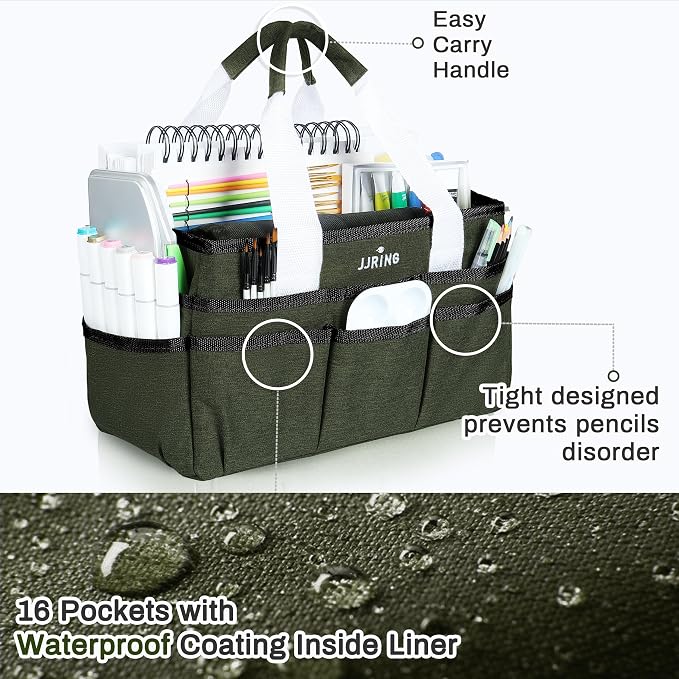 JJRING Craft Organizer Tote Bag, Art Storage Caddy with Multiple Pockets, Sap Green Sewing Bag for Art, Craft, Scrapbooking, Medical, and Office Supplies Storage