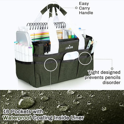 JJRING Craft Organizer Tote Bag, Art Storage Caddy with Multiple Pockets, Sap Green Sewing Bag for Art, Craft, Scrapbooking, Medical, and Office Supplies Storage