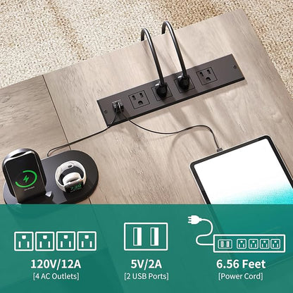 DWVO 71" Executive Desk with Power Outlets, L Shaped Executive Desk with File Cabinet, Computer Desk with Drawers & Storage Shelves, Corner Office Desk with Bookshelf for Home Office, Grey + Black