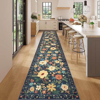 DUKINO 2.6x14 Kitchen Runner Rug, Lightweight Floral Washable Rug for Hallway, Boho Low Pile & Non Slip Backing Soft Floor Carpet for Entryway, Bedroom, Bathroom, Laundry, Navy Blue