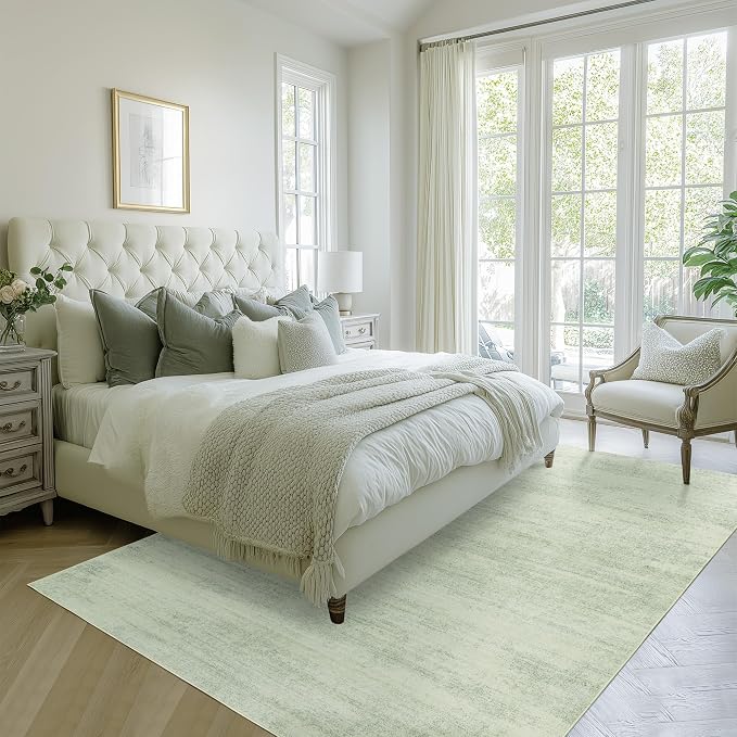 BILEEHOME Sage Green Area Rugs for Living Room Nursery for Baby Girl Boy, Neutral Washable Sage Green Boho Farmhouse Vintage Bedroom Rugs 6x9, Light Green and Ivory Cream