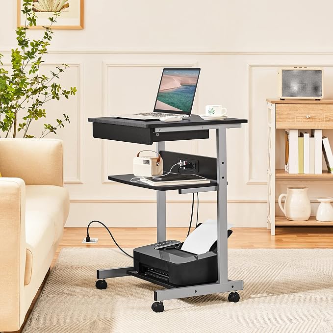 Topeakmart Mobile Laptop Desk Compact Computer Table on Wheels with Power Outlet and USB Ports, Home Office Writing Desk with Charging Station and Printer Shelf Small Desk 22in for Space Saving, Black