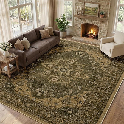 RELEANY Area Rugs Large 10'x14' Washable Non-Slip, Floral Vintage Distress Medallion Carpet for Living Room Bedroom Dining Room, Brown Dark Brown