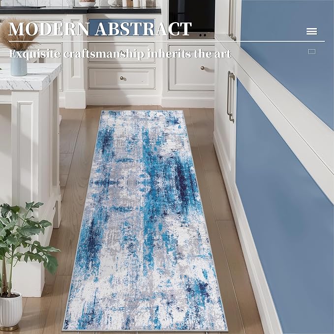 Ciicool 2x6 Washable Runner Rug, Modern Abstract Hallway Rugs Runner, Non-Slip Thin Accent Rug Lightweight Grey Blue White Print Distressed Carpet for Laundry Entryway Bedroom Kitchen Indoor