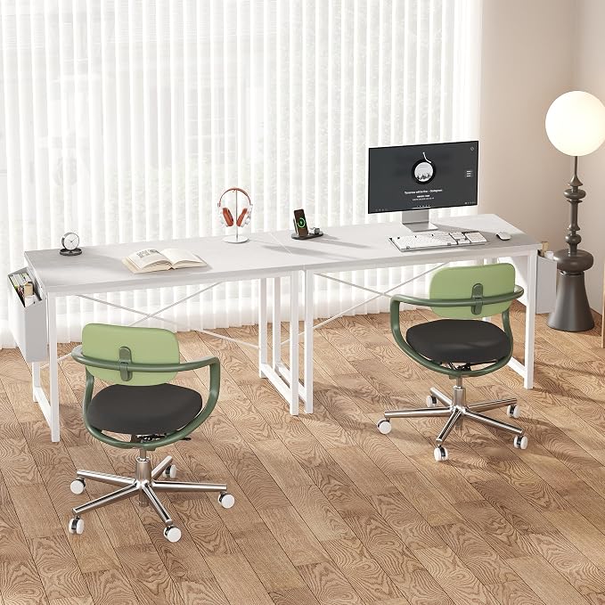 OLIXIS Computer Desk, 47 Inch Home Office Desks for Small Spaces, Writing Craft Study Gaming Table for Bedroom, Modern Computer Workstation with Storage Bag and Headphone Hook, White