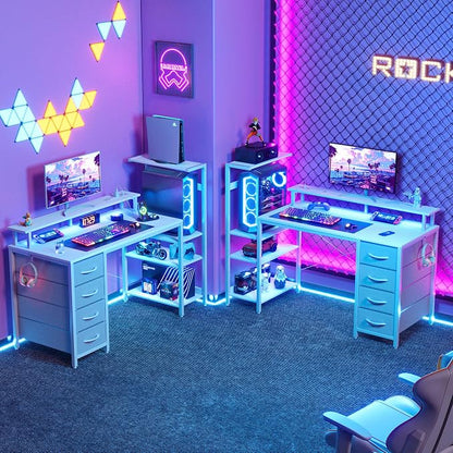 51 Inch Gaming Desk with LED Lights and Power Outlets, Computer Desk with Storage Shelves, Fabric Drawers, Monitor Stand & Side Hook, Reversible Gamer Table for Home Office, Carbon Fiber White