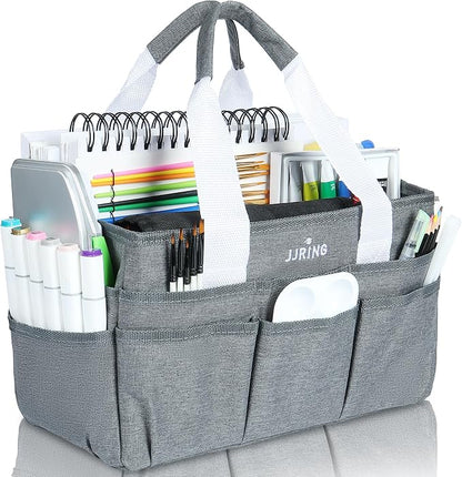 JJRING Craft Organizer Tote Bag, Art Storage Caddy with Multiple Pockets, Grey Sewing Bag for Art, Craft, Scrapbooking, Medical, and Office Supplies Storage