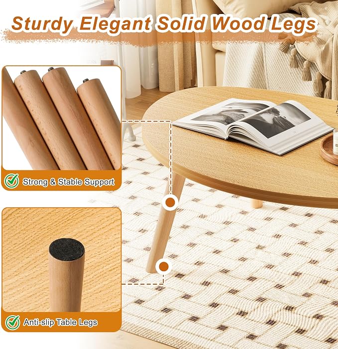 Coffee Table Low Table with Solid Wood Legs, 31.5x19.7 Large Coffee Table Side Table, Floor Table Desk for Sitting on The Floor, Living Room Furniture for Office Apartment Home, Pebble-Natural