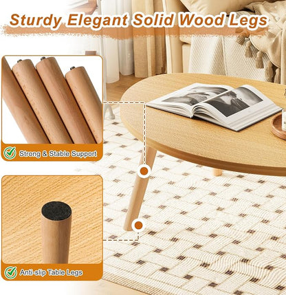 Coffee Table Low Table with Solid Wood Legs, 31.5x19.7 Large Coffee Table Side Table, Floor Table Desk for Sitting on The Floor, Living Room Furniture for Office Apartment Home, Pebble-Natural