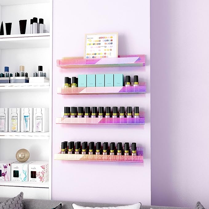 8 Pack 15 Inch Iridescent Acrylic Shelves, Clear Rainbow Kids Floating Bookshelf for Kids Room, Modern Sunglasses Essential Oil Picture Ledge Display Toy Storage Wall Shelf