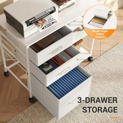 DEVAISE 3 Drawer Mobile File Cabinet, Rolling Printer Stand with Open Storage Shelf, Fabric Lateral Filing Cabinet fits A4 or Letter Size for Home Office, White