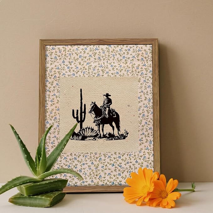 Western Cowboy Wall Art - Framed Canvas Cactus Poster for Living Room & Entryway, Vintage Horse Silhouette in Wood Frame, Rustic Floral Border Print, Farmhouse Decor 12x16 inch