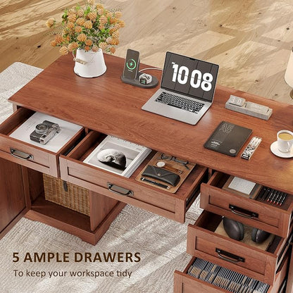 Whalefall 55'' Farmhouse Desk Home Office with Drawers, Brown | Executive Computer Desk with File Cabinet and Charging Station, Wooden Small Desk with Locking Drawers Storage