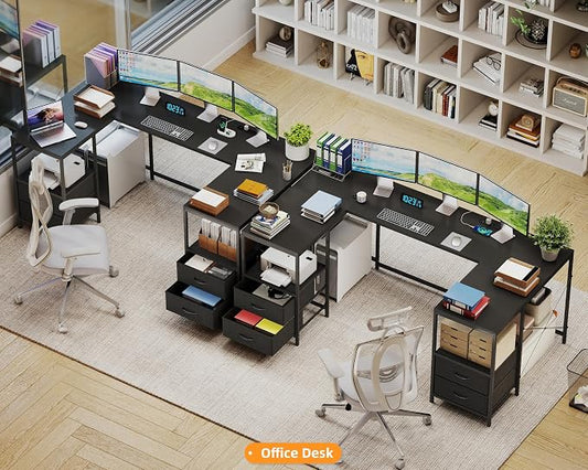 YOSHOOT 67" U Shaped Computer Desk, Reversible L Shaped Gaming Desk | Corner Desk with Power Outlets, 4 Drawers, 2 Storage Shelf, Computer Table with 4 Installation Methods, Black