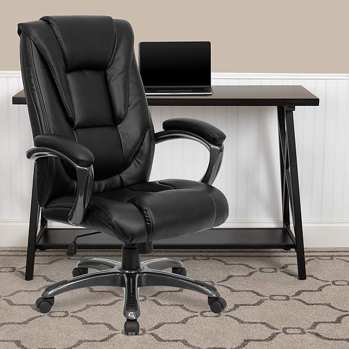 EMMA + OLIVER High Back Black LeatherSoft Layered Upholstered Executive Swivel Ergonomic Office Chair with Smoke Metal Base and Arms