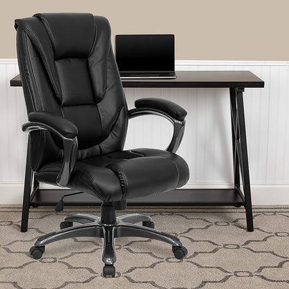 EMMA + OLIVER High Back Black LeatherSoft Layered Upholstered Executive Swivel Ergonomic Office Chair with Smoke Metal Base and Arms