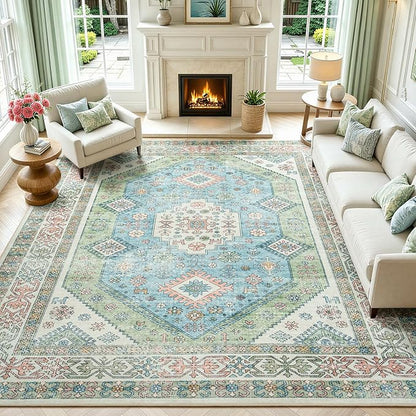 Lofus Vintage Living Room Rugs 8x10, Soft Machine Washable Area Rug for Bedroom Indoor Floor Home Office House Decor, Oriental Traditional Distressed Farmhouse Carpet, Boho Sage Green and Light Blue
