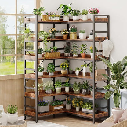 HCHQHS Adjustable Book Shelf with 8 Hooks, Reversible Corner Bookshelf, Industrial Wooden and Metal Bookcase for Living Room, Bedroom, Home Office (Rustic Brown, 6 Tier)