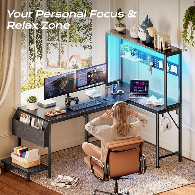 PRAISUN L Shaped Gaming Desk with LED Lights & Power Outlets, Reversible Computer Desk with Storage Shelves & Bag, Large Corner Home Office Desk with Pegboard for Work from Home, Black