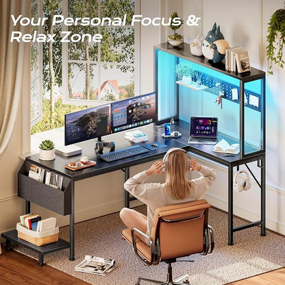 PRAISUN L Shaped Gaming Desk with LED Lights & Power Outlets, Reversible Computer Desk with Storage Shelves & Bag, Large Corner Home Office Desk with Pegboard for Work from Home, Black