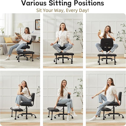 Criss Cross Legged Office Chair with Wheels,Swivel Meditation Chair for ADHD,Ergonomic Cross Legged Desk Chair with Thicken Adjustable Footstool,PU Sitting Fidgeting Kneeling Chair for Home Yoga Black